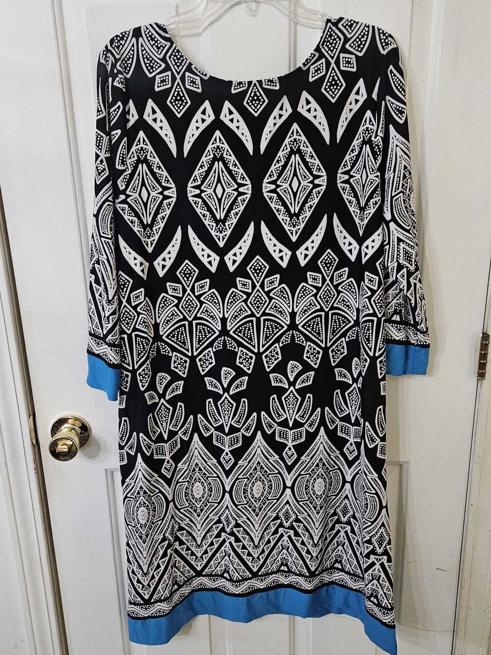Croft & Barrow Women's Shift Dress Size XL Black/White/Blue Geometric 3/4 Preppy